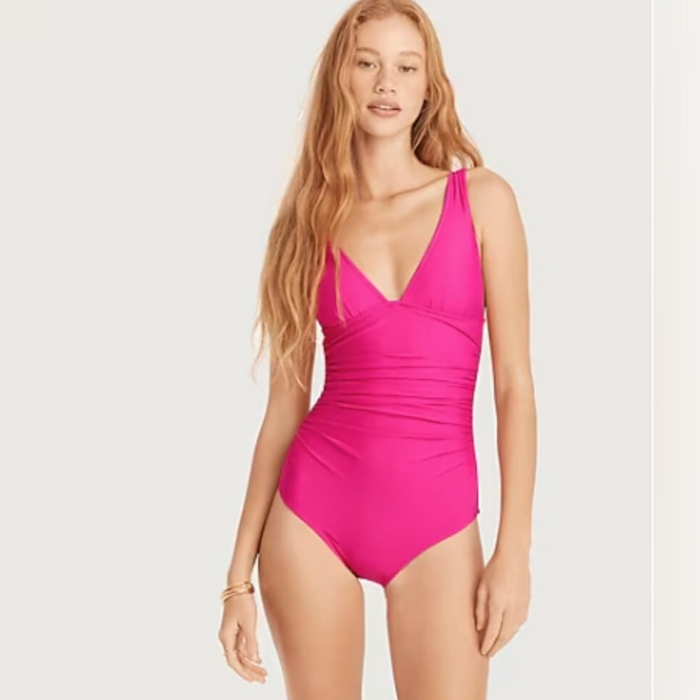 NWT J. CREW RUCHED V-NECK ONE PIECE SWIMSUIT RADIANT FUCHSIA BC116 MSRP $118